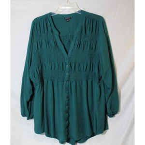Torrid Button-up Babydoll Smocked Tunic Top Women's 2 Green Button-up V-neck